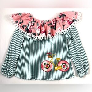 MARIE NICOLE Girl Floral Ruffle Stripe Top Bicycle Applique M Cottagecore Preppy